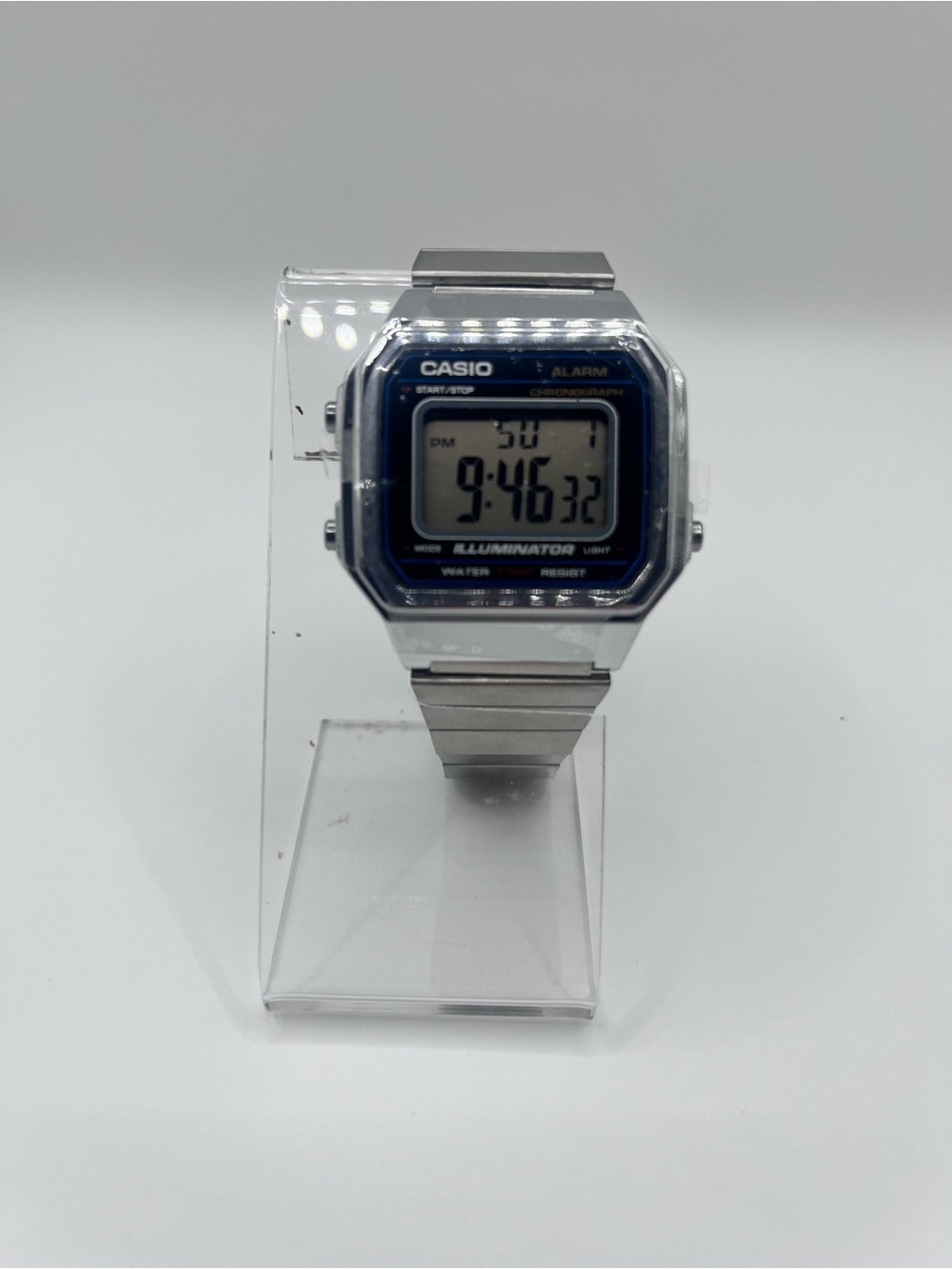 Casio Silver retro  Digital Watch with Blue Accent Bezel